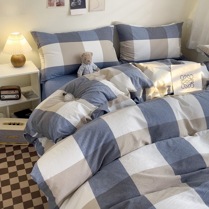 91家纺网 家纺一手货源 找家纺 大柏树 2025新款A类色织全棉水洗棉单品系列-四件套 蓝大格