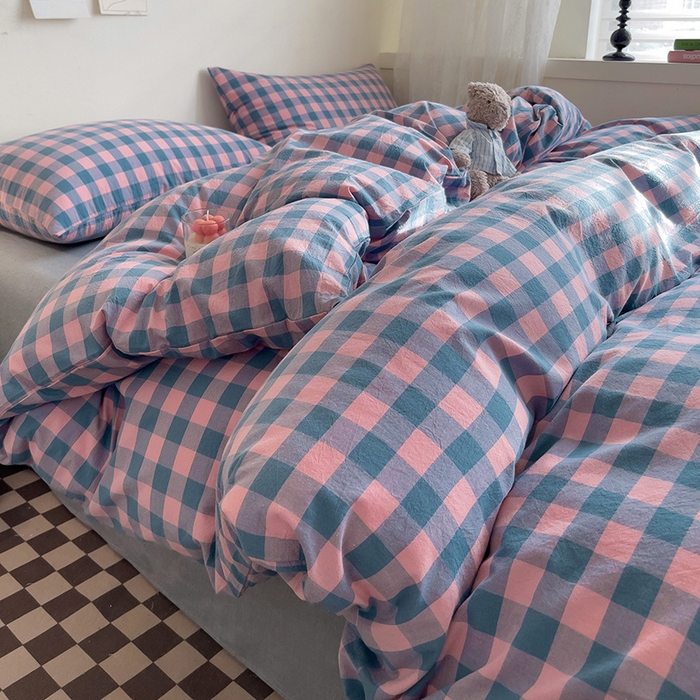 91家纺网 家纺一手货源 找家纺 大柏树 2025新款A类色织全棉水洗棉单品系列-四件套 粉灰小格