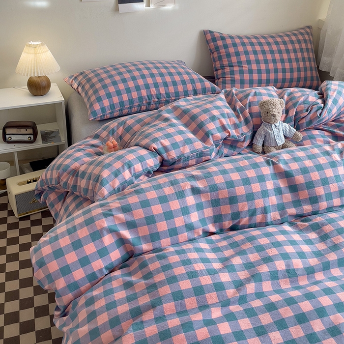 91家纺网 家纺一手货源 找家纺 大柏树 2025新款A类色织全棉水洗棉单品系列-四件套 粉灰小格