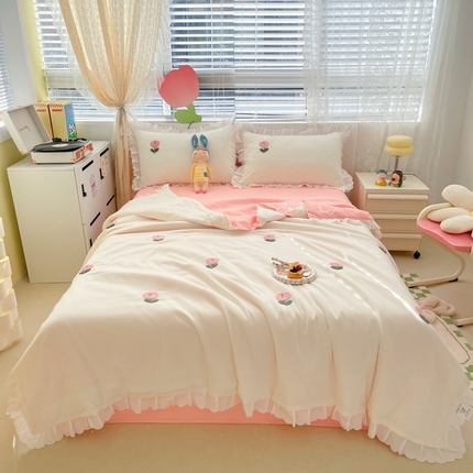 沐慕 2024新款毛巾绣印花夏被四件套 郁金香-白