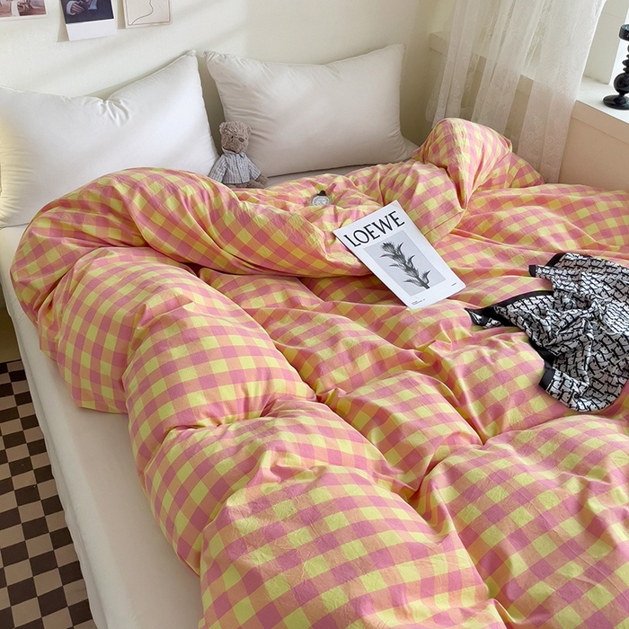 91家纺网 家纺一手货源 找家纺 大柏树 2025新款A类色织全棉水洗棉单品系列-单被套 黄粉三分格