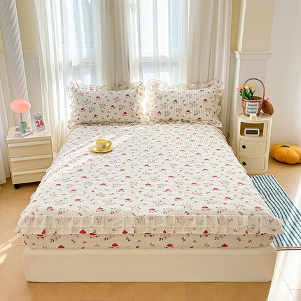宜凡 2024新款全棉床笠双层花边三件套 蘑菇房