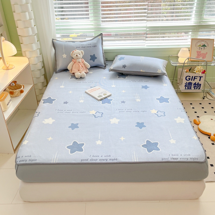 91家纺网 家纺一手货源 找家纺 沐慕 2024新款小清新印花冰藤床笠系列 床笠-星星点点