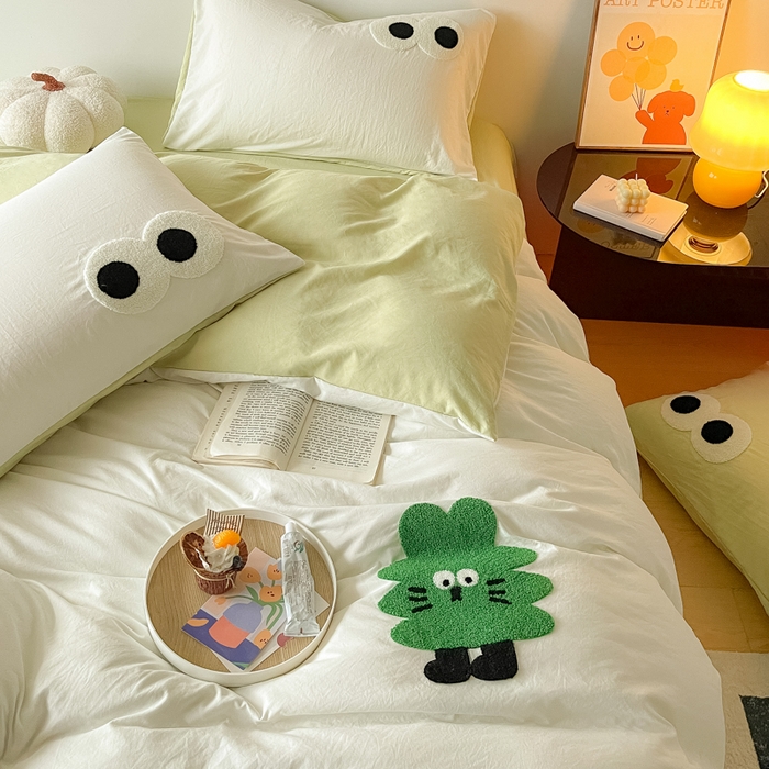 91家纺网 家纺一手货源 找家纺 梵克保罗 2024新款卡通水洗棉毛巾绣四件套 幸运树-米白配浅绿