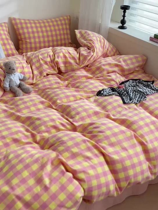 91家纺网 家纺一手货源 找家纺 大柏树 2025新款A类色织全棉水洗棉单品系列-四件套 黄粉三分格