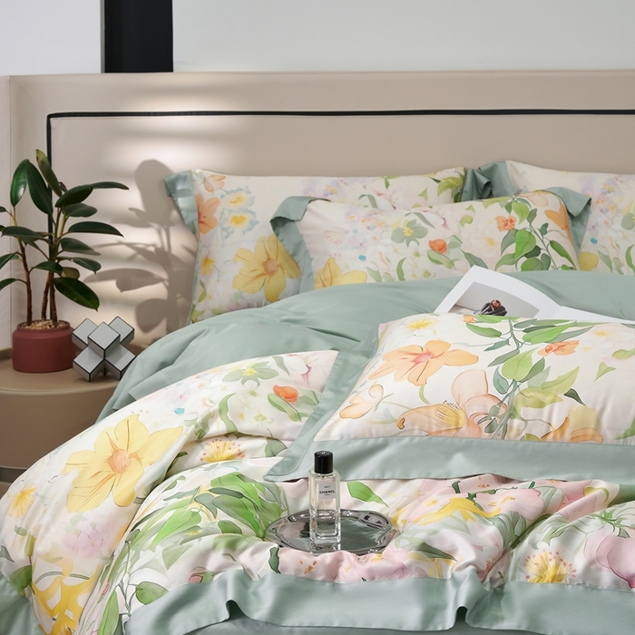 91家纺网 家纺一手货源 找家纺 榻尚家居 2024新款天丝棉数码印花四件套 如画绿