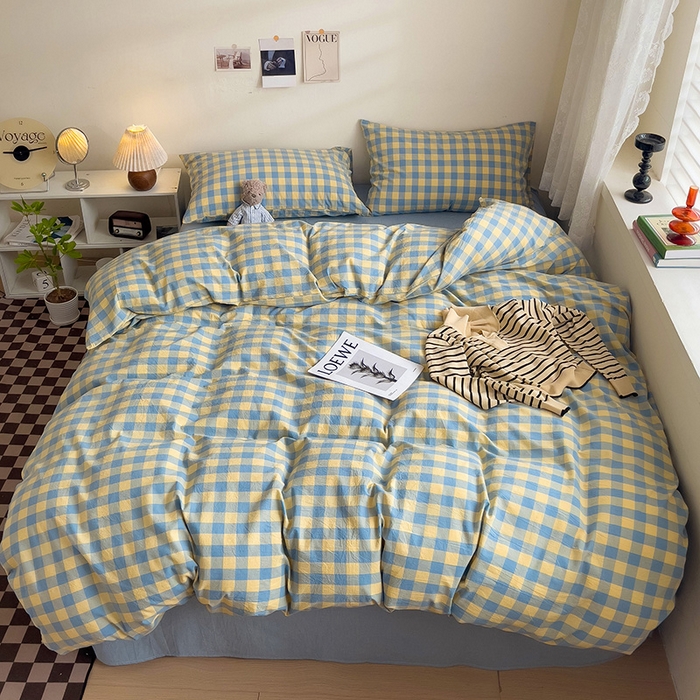 91家纺网 家纺一手货源 找家纺 大柏树 2025新款A类色织全棉水洗棉单品系列-四件套 蓝黄三分格