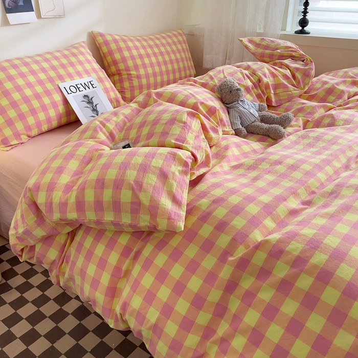 91家纺网 家纺一手货源 找家纺 大柏树 2025新款A类色织全棉水洗棉单品系列-四件套 黄粉三分格