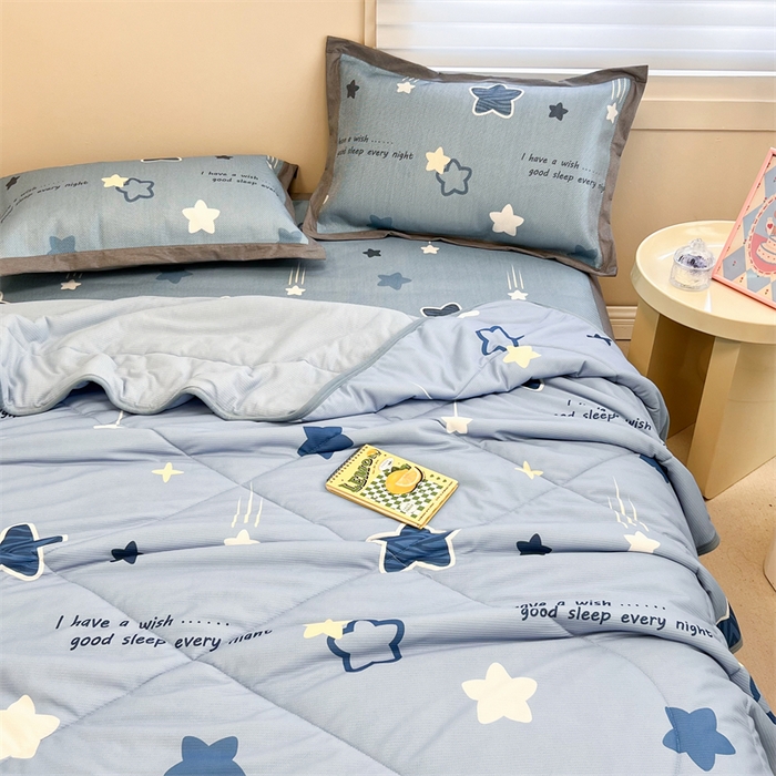 91家纺网 家纺一手货源 找家纺 沐慕 2024新款小清新华夫格印花冰藤夏被四件套 华夫格-星星点点