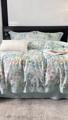 91家纺网 家纺一手货源 找家纺 榻尚家居 2024新款天丝棉数码印花四件套 繁花绿