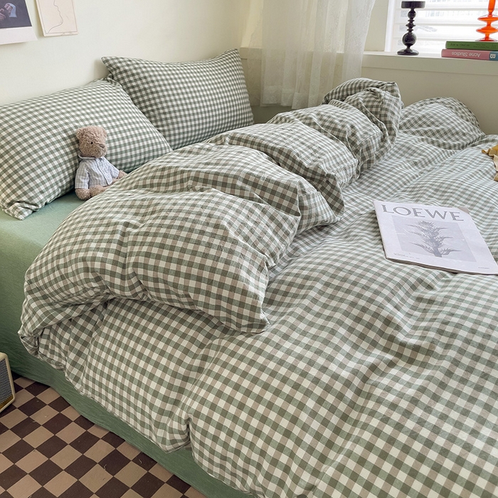 91家纺网 家纺一手货源 找家纺 大柏树 2025新款A类色织全棉水洗棉单品系列-四件套 绿小格