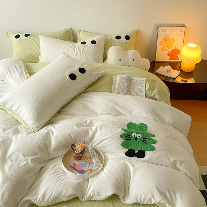 91家纺网 家纺一手货源 找家纺 梵克保罗 2024新款卡通水洗棉毛巾绣四件套 幸运树-米白配浅绿