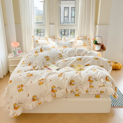 91家纺网 家纺一手货源 找家纺 宜凡 2024新款全棉床笠双层花边四件套 果果龙