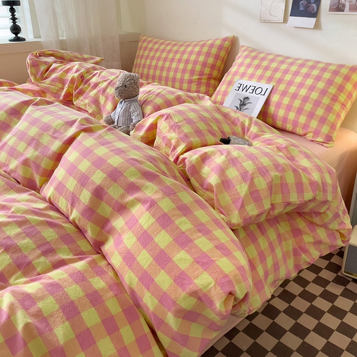 91家纺网 家纺一手货源 找家纺 大柏树 2025新款A类色织全棉水洗棉单品系列-四件套 黄粉三分格