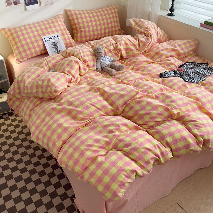 91家纺网 家纺一手货源 找家纺 大柏树 2025新款A类色织全棉水洗棉单品系列-四件套 黄粉三分格