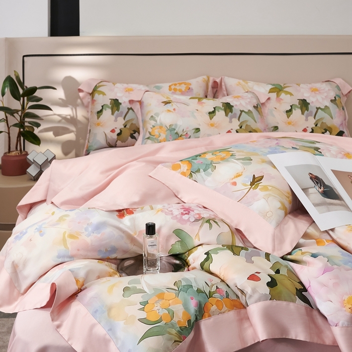 91家纺网 家纺一手货源 找家纺 榻尚家居 2024新款天丝棉数码印花四件套 千黛粉