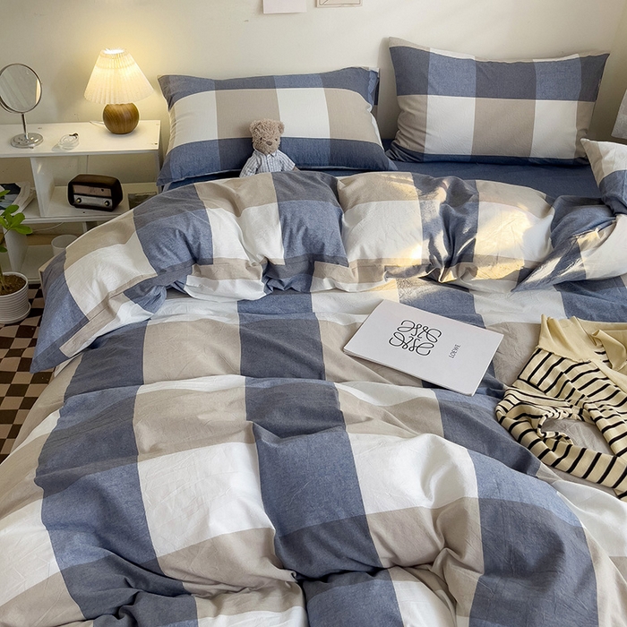 91家纺网 家纺一手货源 找家纺 大柏树 2025新款A类色织全棉水洗棉单品系列-四件套 蓝大格