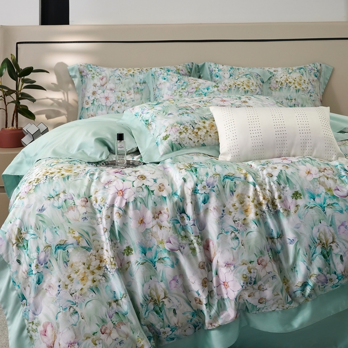 91家纺网 家纺一手货源 找家纺 榻尚家居 2024新款天丝棉数码印花四件套 繁花绿