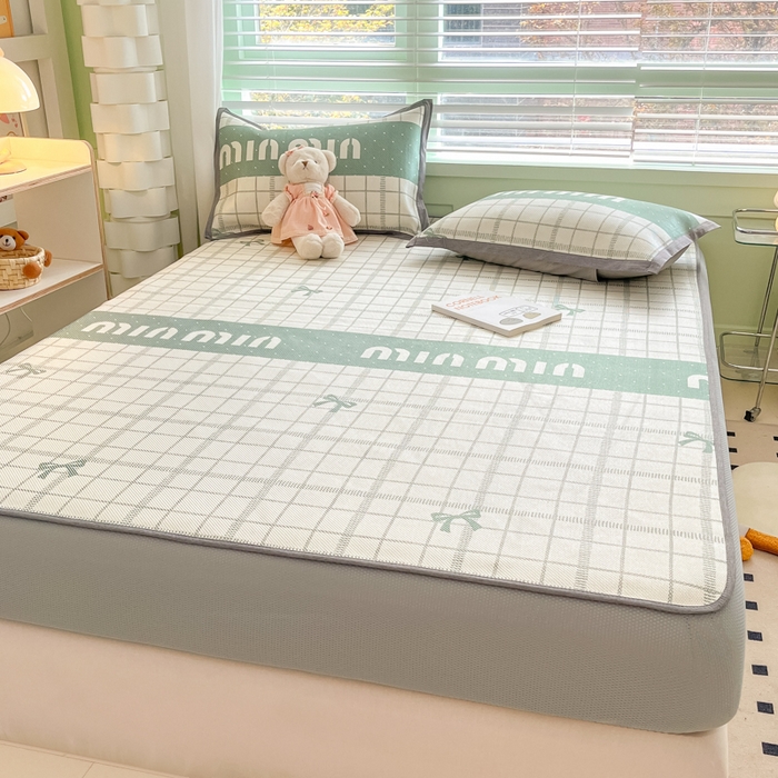 91家纺网 家纺一手货源 找家纺 沐慕 2024新款小清新印花冰藤床笠系列 床笠-蝴蝶结绿