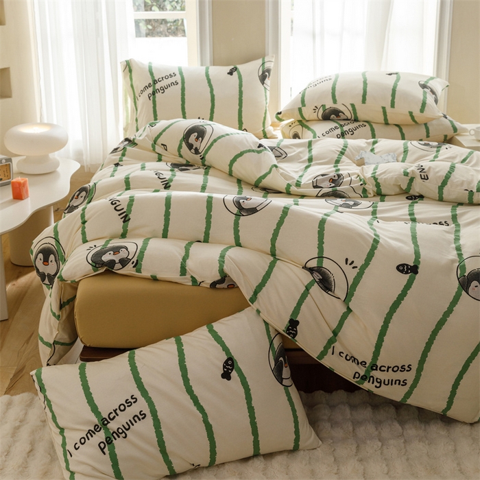 91家纺网 家纺一手货源 找家纺 瑞米家居 2024新款A类全棉针织棉四件套 企鹅-绿