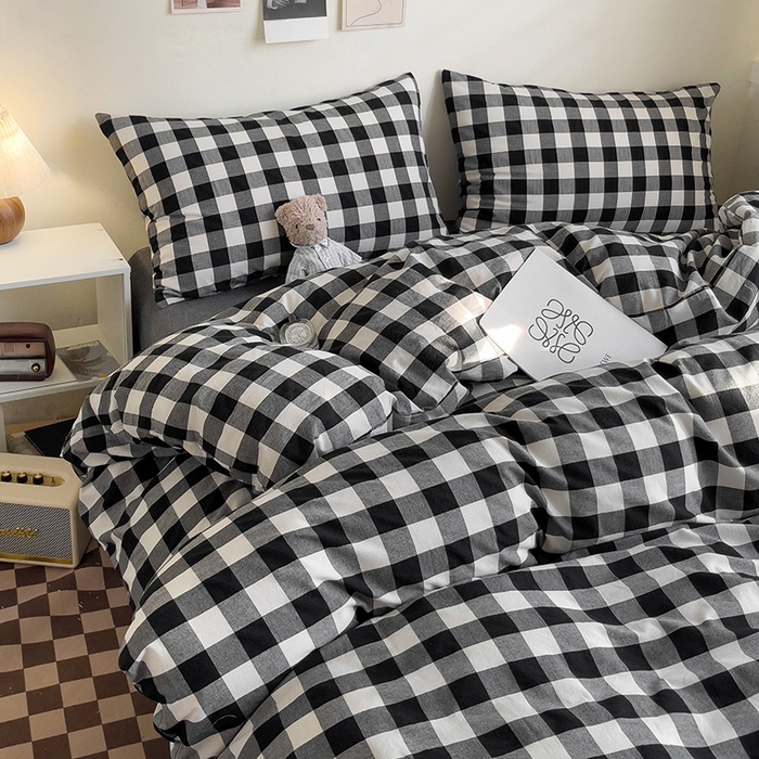 91家纺网 家纺一手货源 找家纺 大柏树 2025新款A类色织全棉水洗棉单品系列-四件套 黑白中格