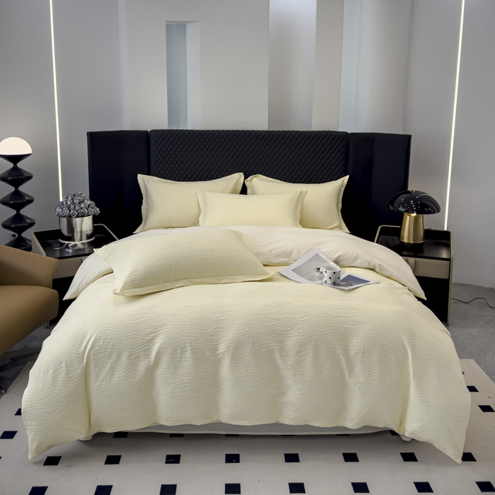 91家纺网 家纺一手货源 找家纺 金丝鸟家纺 2024新款全棉水洗棉提花四件套 水漾 米白