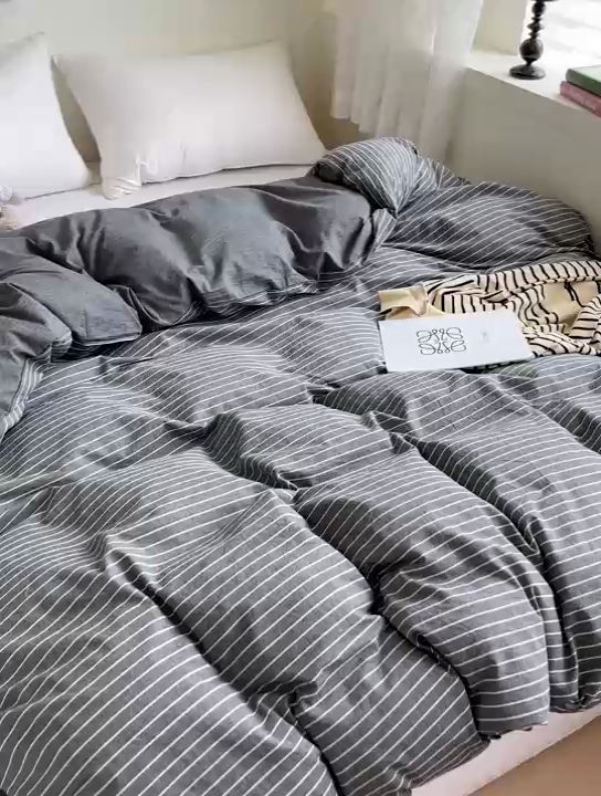 91家纺网 家纺一手货源 找家纺 大柏树 2025新款A类色织全棉水洗棉单品系列-单被套 灰细条