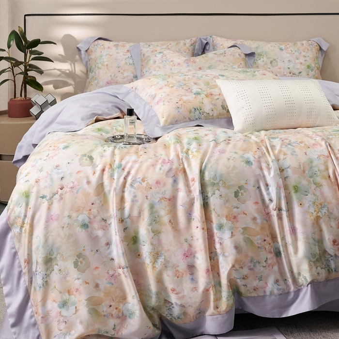 91家纺网 家纺一手货源 找家纺 榻尚家居 2024新款天丝棉数码印花四件套 花意槟