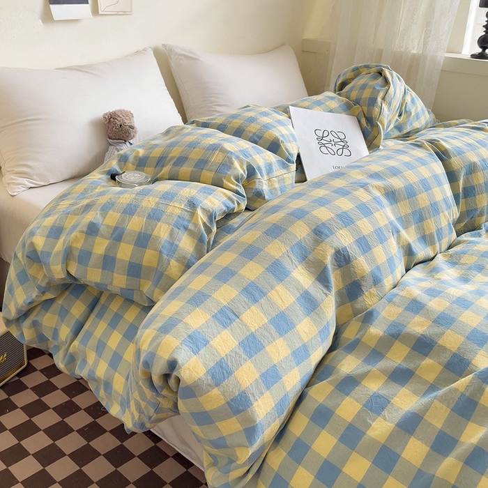 91家纺网 家纺一手货源 找家纺 大柏树 2025新款A类色织全棉水洗棉单品系列-单被套 蓝黄三分格