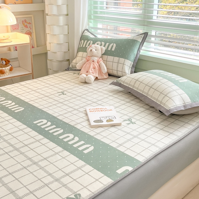 91家纺网 家纺一手货源 找家纺 沐慕 2024新款小清新印花冰藤床笠系列 床笠-蝴蝶结绿