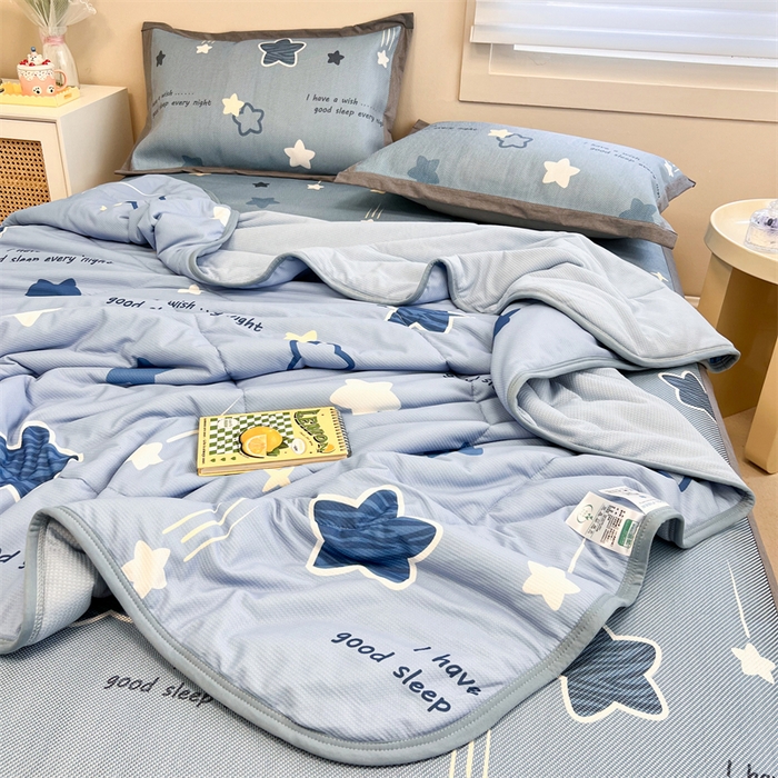 91家纺网 家纺一手货源 找家纺 沐慕 2024新款小清新华夫格印花冰藤夏被四件套 华夫格-星星点点