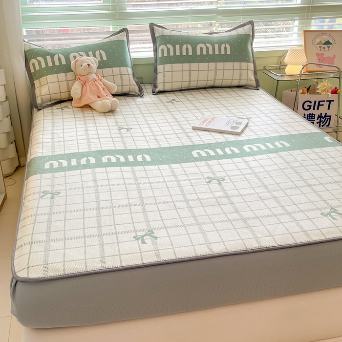 91家纺网 家纺一手货源 找家纺 沐慕 2024新款小清新印花冰藤床笠系列 床笠-蝴蝶结绿