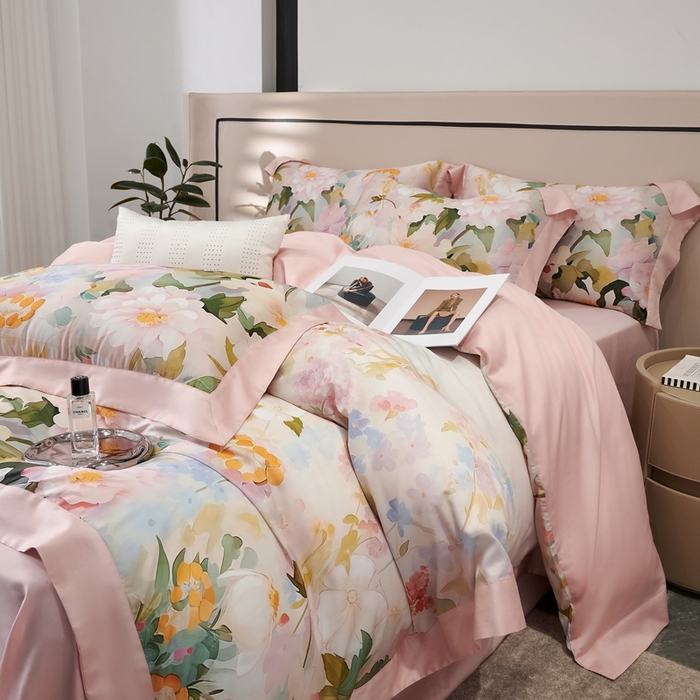 91家纺网 家纺一手货源 找家纺 榻尚家居 2024新款天丝棉数码印花四件套 千黛粉