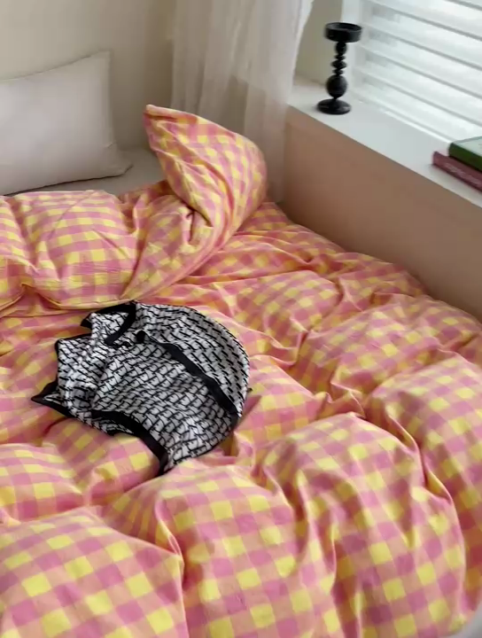 91家纺网 家纺一手货源 找家纺 大柏树 2025新款A类色织全棉水洗棉单品系列-单被套 黄粉三分格