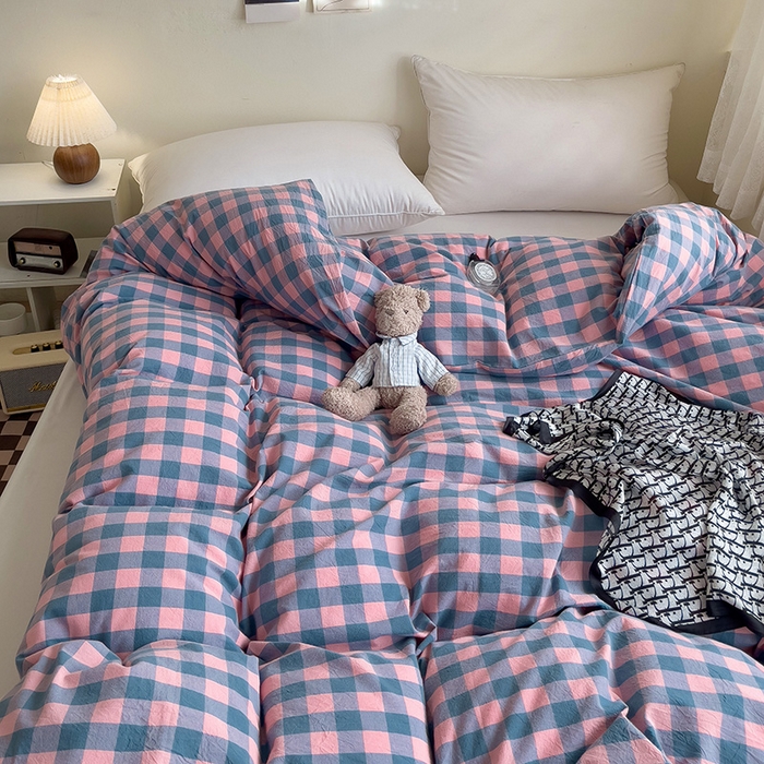 91家纺网 家纺一手货源 找家纺 大柏树 2025新款A类色织全棉水洗棉单品系列-单被套 粉灰小格