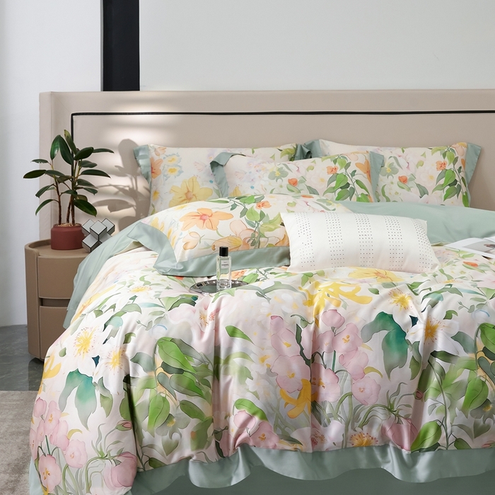 91家纺网 家纺一手货源 找家纺 榻尚家居 2024新款天丝棉数码印花四件套 如画绿