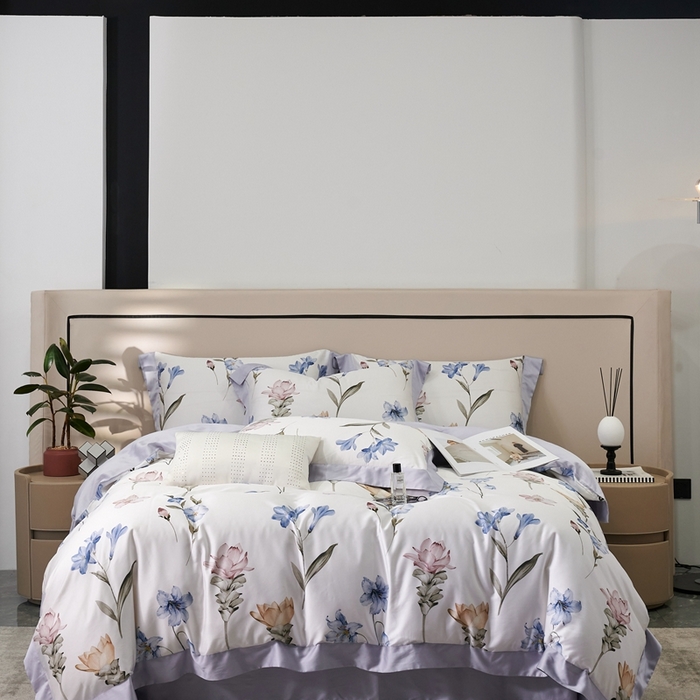 91家纺网 家纺一手货源 找家纺 榻尚家居 2024新款天丝棉数码印花四件套 紫萱花