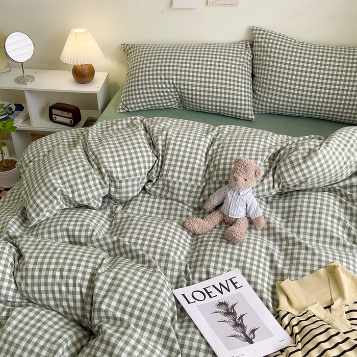 91家纺网 家纺一手货源 找家纺 大柏树 2025新款A类色织全棉水洗棉单品系列-四件套 绿小格