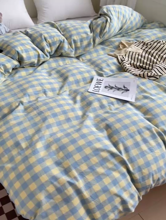 91家纺网 家纺一手货源 找家纺 大柏树 2025新款A类色织全棉水洗棉单品系列-单被套 蓝黄三分格