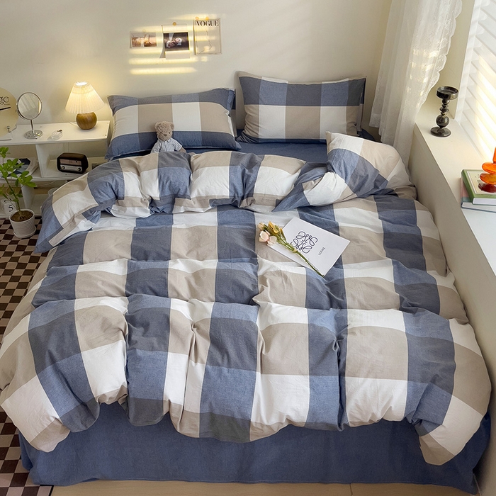 91家纺网 家纺一手货源 找家纺 大柏树 2025新款A类色织全棉水洗棉单品系列-四件套 蓝大格