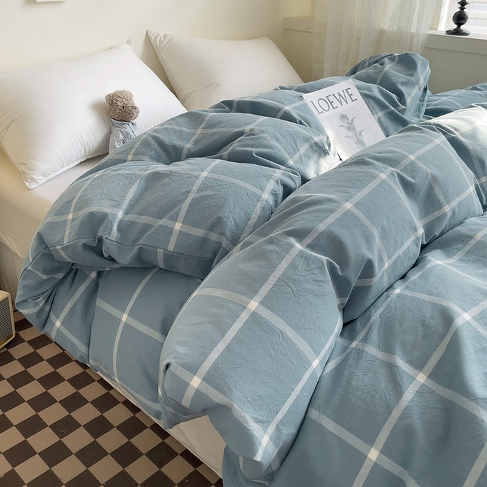 91家纺网 家纺一手货源 找家纺 大柏树 2025新款A类色织全棉水洗棉单品系列-单被套 蓝灰中格