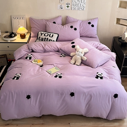 91家纺网 家纺一手货源 找家纺 2024新款超柔云朵棉毛巾绣四件套 可爱panda-葡萄紫
