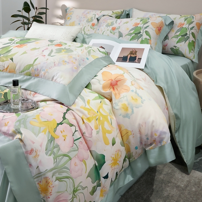 91家纺网 家纺一手货源 找家纺 榻尚家居 2024新款天丝棉数码印花四件套 如画绿