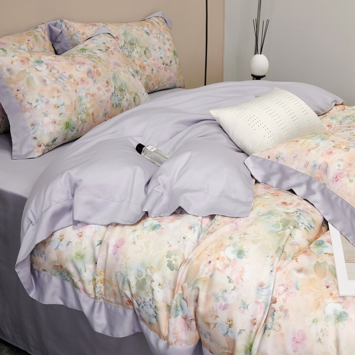 91家纺网 家纺一手货源 找家纺 榻尚家居 2024新款天丝棉数码印花四件套 花意槟