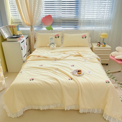 沐慕 2024新款毛巾绣印花夏被四件套 花花白兔-黄