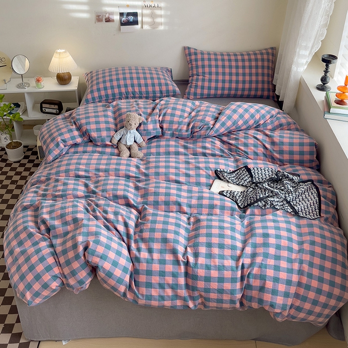 91家纺网 家纺一手货源 找家纺 大柏树 2025新款A类色织全棉水洗棉单品系列-四件套 粉灰小格