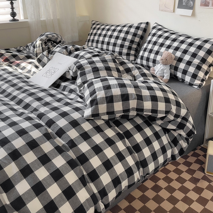 91家纺网 家纺一手货源 找家纺 大柏树 2025新款A类色织全棉水洗棉单品系列-四件套 黑白中格