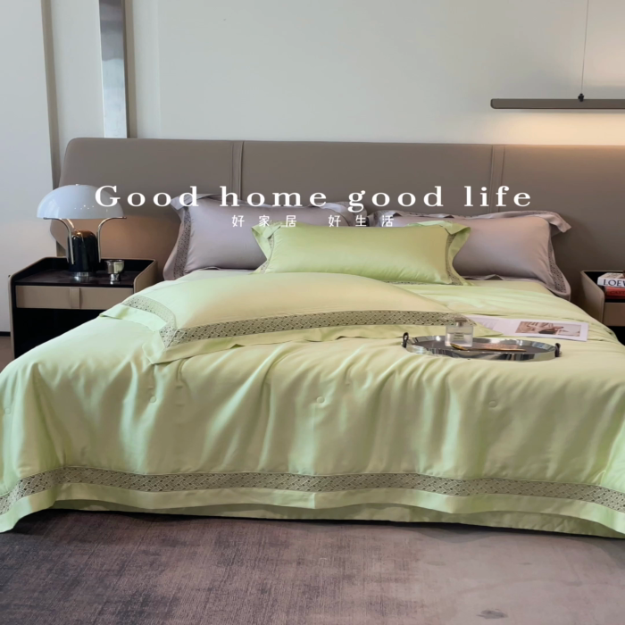91家纺网 家纺一手货源 找家纺 佳汐蓝家纺 新款60支莱赛尔天丝镂空花边丝悦系列夏被四件套 丝悦-浅葱绿
