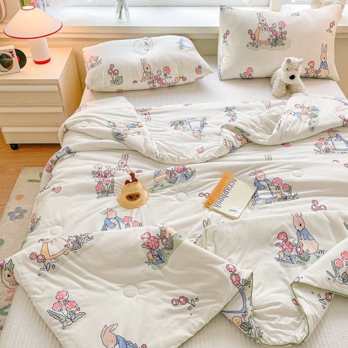 91家纺网 家纺一手货源 找家纺 沐慕 2024新款小清新加厚亲肤针织棉夏被 花丛兔