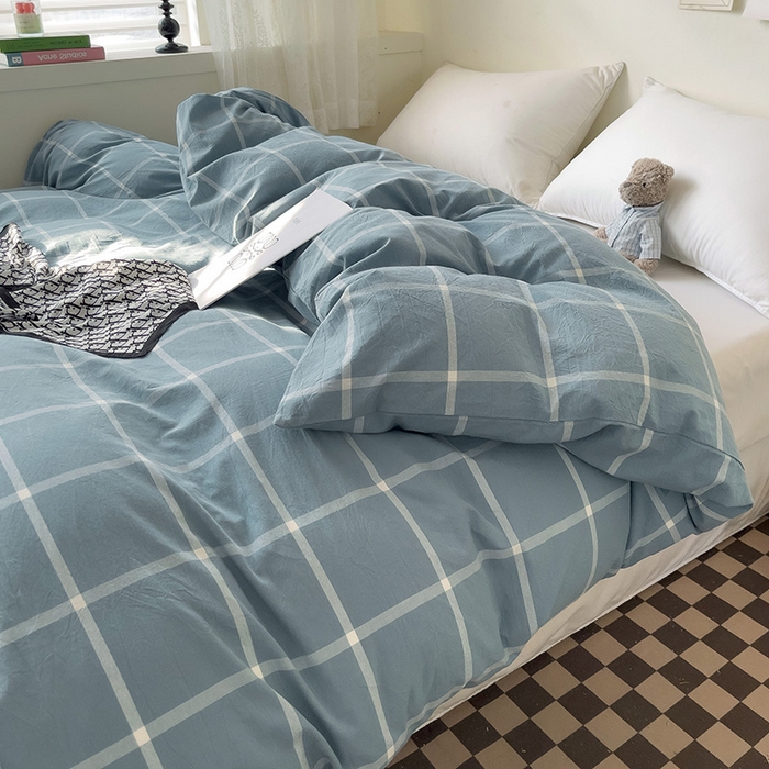 91家纺网 家纺一手货源 找家纺 大柏树 2025新款A类色织全棉水洗棉单品系列-单被套 蓝灰中格